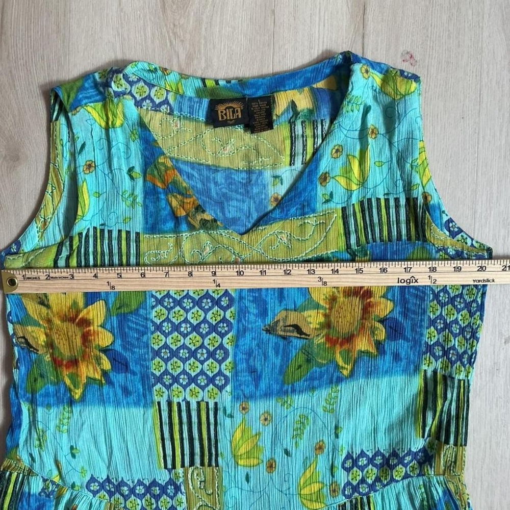 Bila Boho Floral Patchwork Maxi Dress Womens L Blue Green Sunflower V-Neck Rayon - Picture 4 of 5